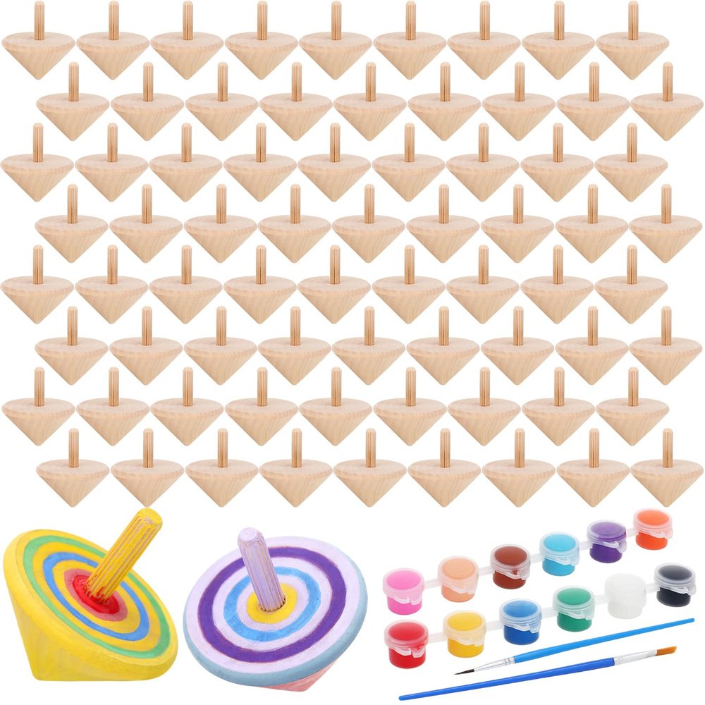 DoubleFill 72pcs DIY Wooden Spinning Tops Craft Kit, Back to School Gifts