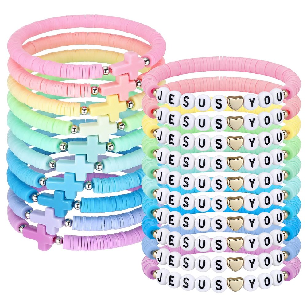 Landical 20 Pcs Cross Bracelets and Jesus Loves You Bracelet Bulk Handmade Elastic Colorful Polymer Clay Beaded Christian Bracelet for Kids VBS Confirmation Gifts Religious Jesus Wristbands(Macaron)