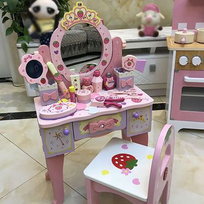 HUAIPU Wooden Princess Vanity Set,Pretend Play Dresser with Rotating Mirror & Storage,Kids Makeup Table,Toys Girls' Holiday Birthday Gift Simulation Dressing Table Dresser,A