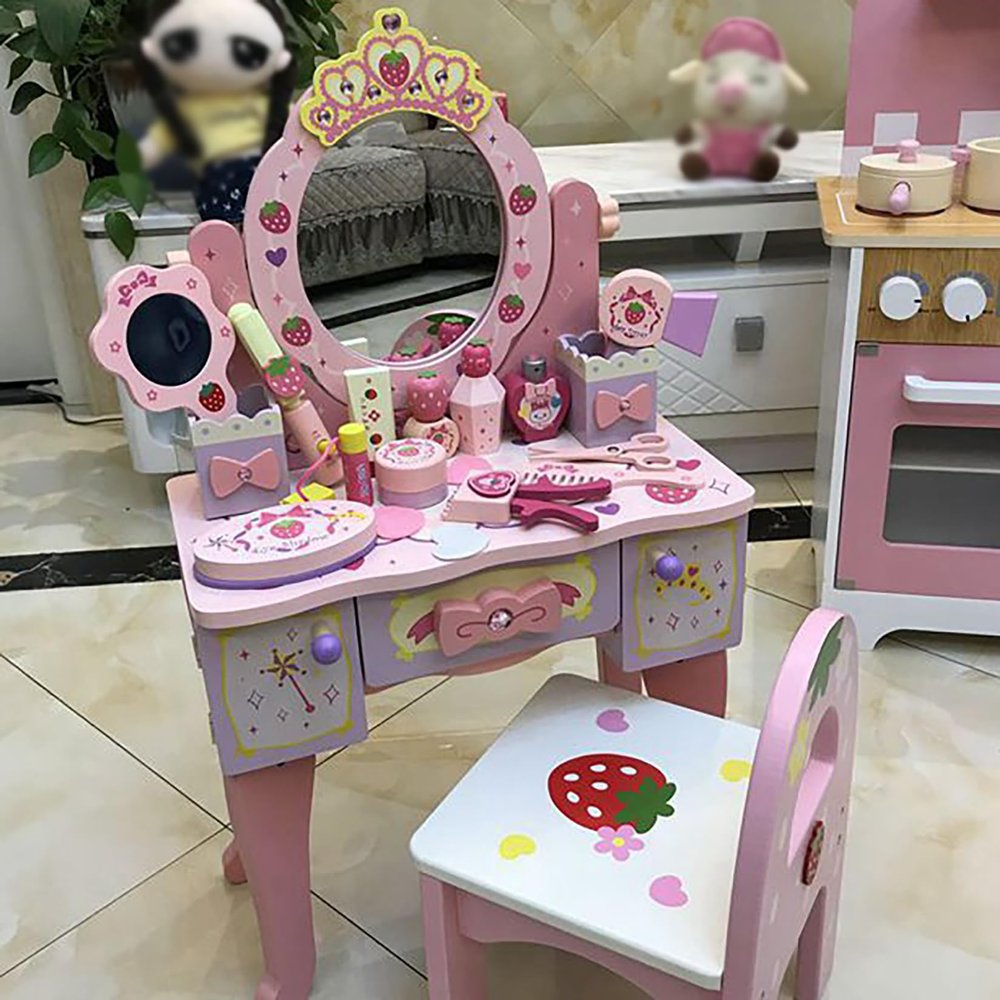 HUAIPU Wooden Princess Vanity Set,Pretend Play Dresser with Rotating Mirror & Storage,Kids Makeup Table,Toys Girls' Holiday Birthday Gift Simulation Dressing Table Dresser,A