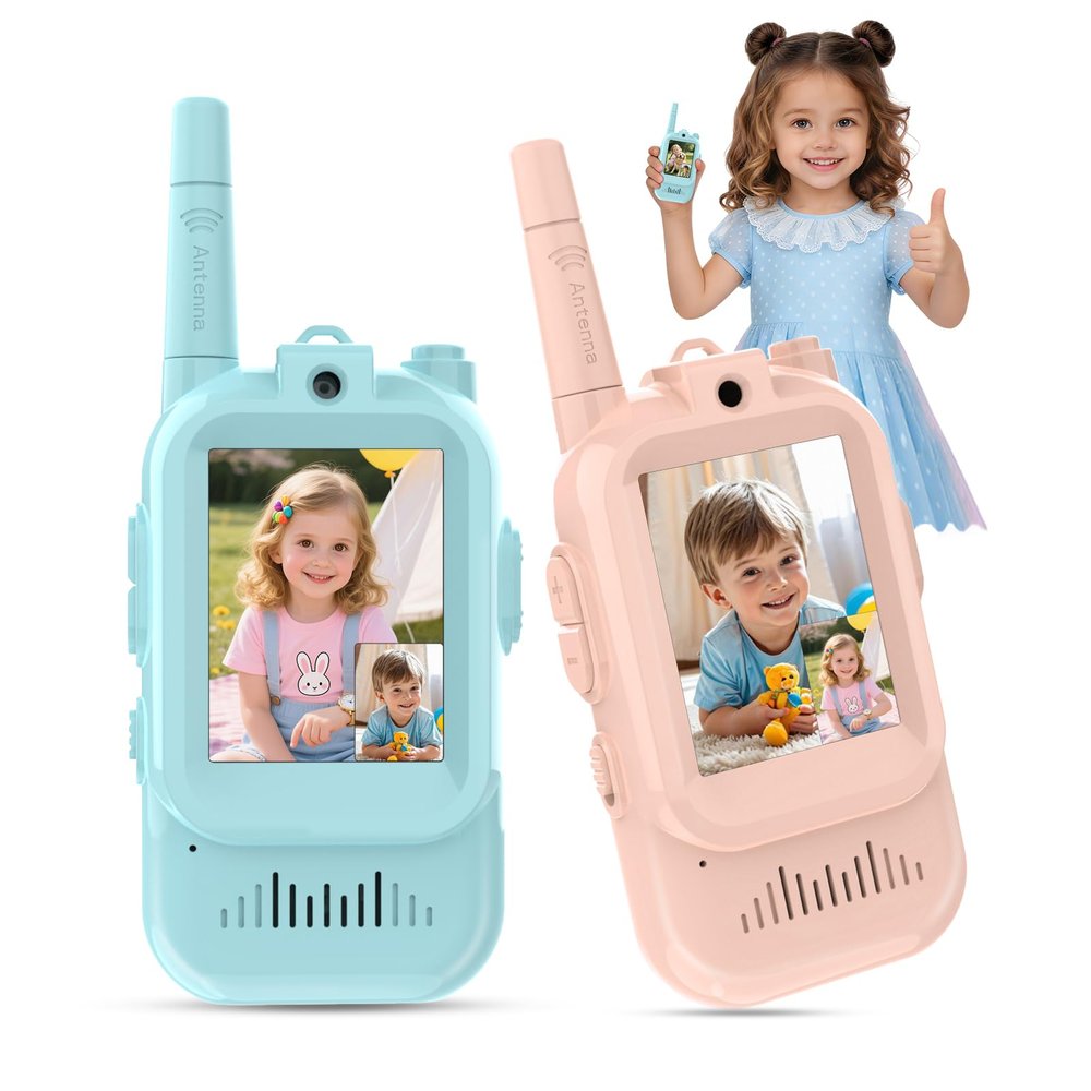 Video Walkie Talkies for Kids, 2 Pack Long Range Rechargeable Walkie-Talkie with Screen, 4 Voice Effects, Perfect Video Call Toys for Age 3-12 Boys Girls, Indoor, Camping, Hiking, Travel