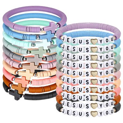 Landical 20 Pcs Cross Bracelets and Jesus Loves You Bracelet Bulk Handmade Elastic Colorful Polymer Clay Beaded Christian Bracelet for Kids VBS Confirmation Gifts Religious Jesus Wristbands(Morandi)