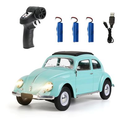 1:16 Retro RC Car D62MINI, Classic Beetle-Style Remote Control Vehicle with LED Lights, Smooth Driving & 30 Min Playtime for Adult Hobbyists Blue-3 Batteries
