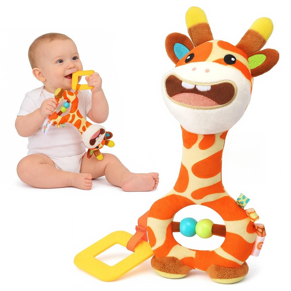 Baby Soft Squeak Teether Toy 0-12 Months - BPA-Free Plush Sensory Toy with Gentle Squeaker, Safe Hand Grip & Teething Relief for Newborns, Portable Baby Shower Gift (Orange Giraffe)