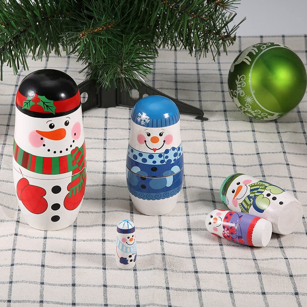 Rengue Christmas Nesting Dolls, Matryoshka Set, 5 Pieces, Santa Claus and Snowman Design, Holiday Home Decoration Christmas Nesting Dolls, Handpainted Wooden Nan Home Decoration (Large Snowman)