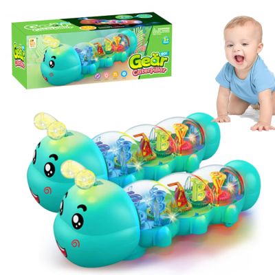 Caterpillar Design Tummy Time Toy, New Crawling Caterpillar Interactive Toy with Light & Music Musical Light Up, Moving Caterpillar Baby Toy, Push and Pull Toys Birthday Gifts for Kids (Green-2pcs)