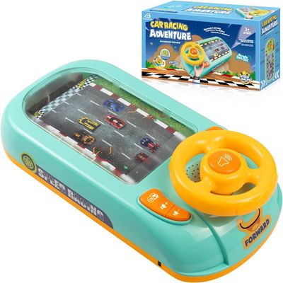 Race Interactive Game Set with 200 Challenges, Desktop Car Racing Game with Steering Wheel, Obstacle Avoidance Driving Simulator, Musical Racing Adventure Car Steering Wheel