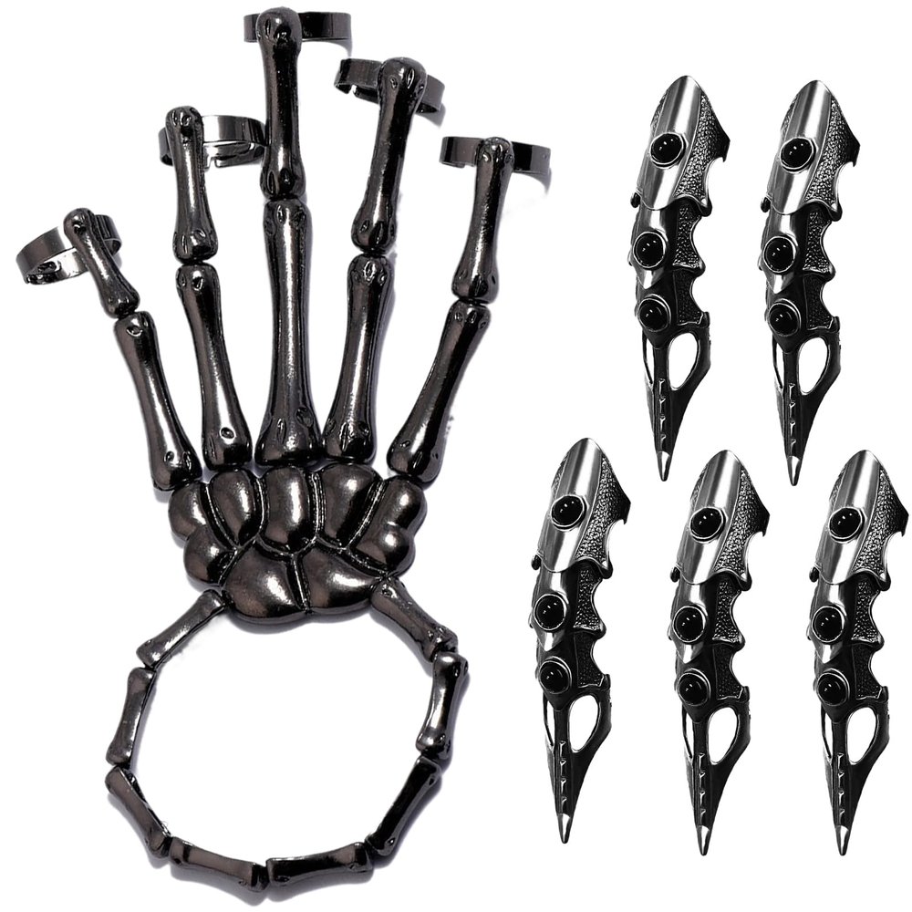 Cndiyald Skeleton Hand Bracelet with 5 Movable Rings, Gothic Punk Jewelry for Halloween Cosplay & Parties, Black