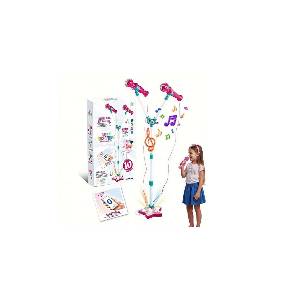 Kids Karaoke Machine with Adjustable Stand and Colorful Lights, Single/Double Microphone Karaoke Toys Standing Singing Machine Party Supplies for Home & School (Pink Double Mic)