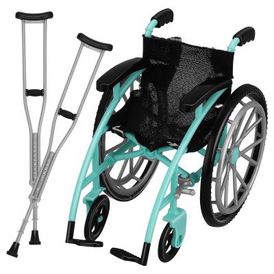 Kisangel Doll Wheelchair and Crutches Playset, Dollhouse Folding Miniature Wheelchair Model for Most 6 Inch Dolls Mini Prop Collectible Decor