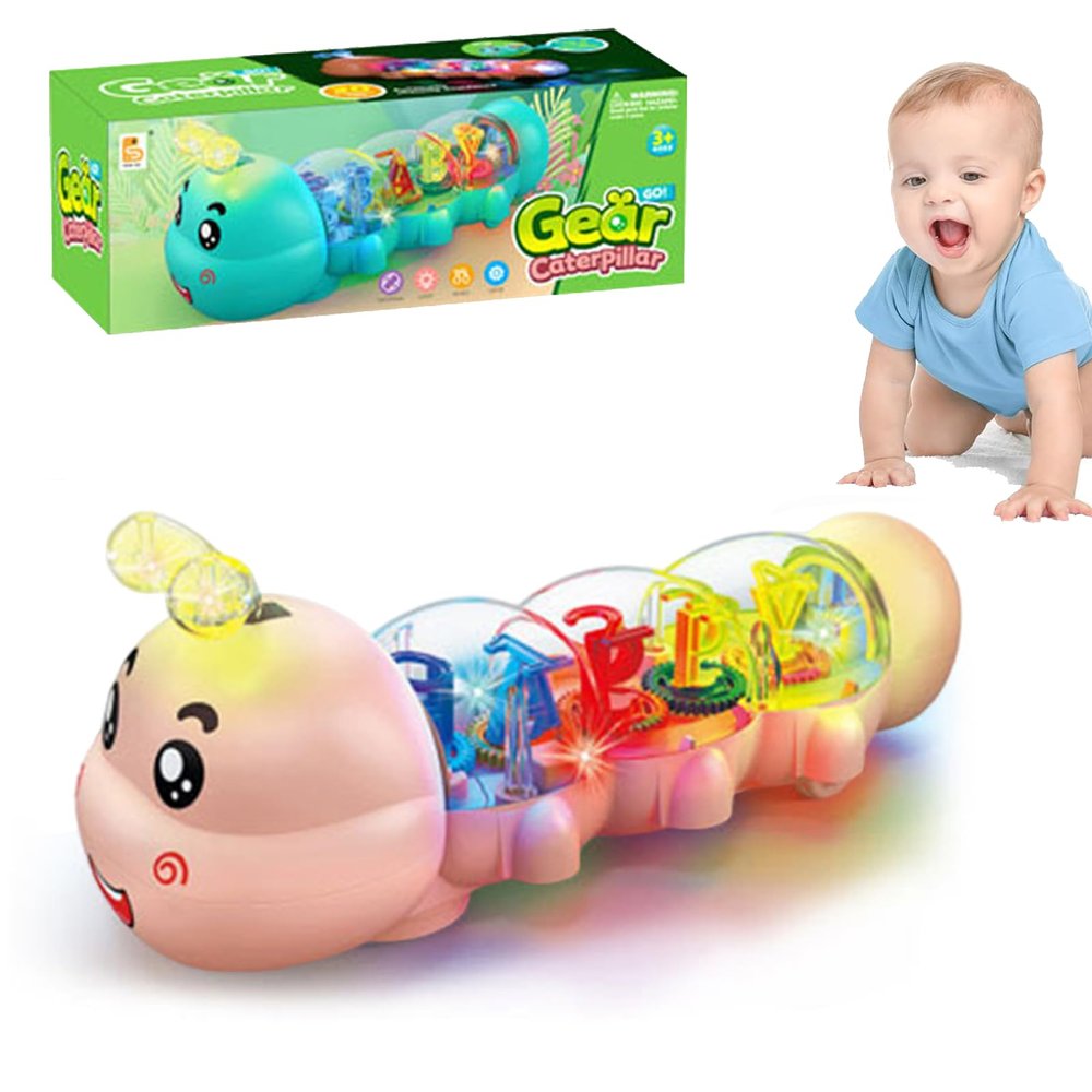 Caterpillar Design Tummy Time Toy, New Crawling Caterpillar Interactive Toy with Light & Music Musical Light Up, Moving Caterpillar Baby Toy, Push and Pull Toys Birthday Gifts for Kids (Pink)