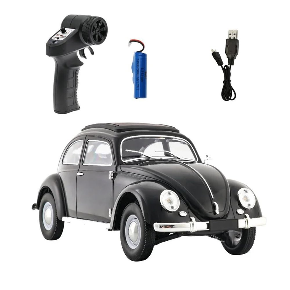 1:16 Retro RC Car D62MINI, Classic Beetle-Style Remote Control Vehicle with LED Lights, Smooth Driving & 30 Min Playtime for Adult Hobbyists Black