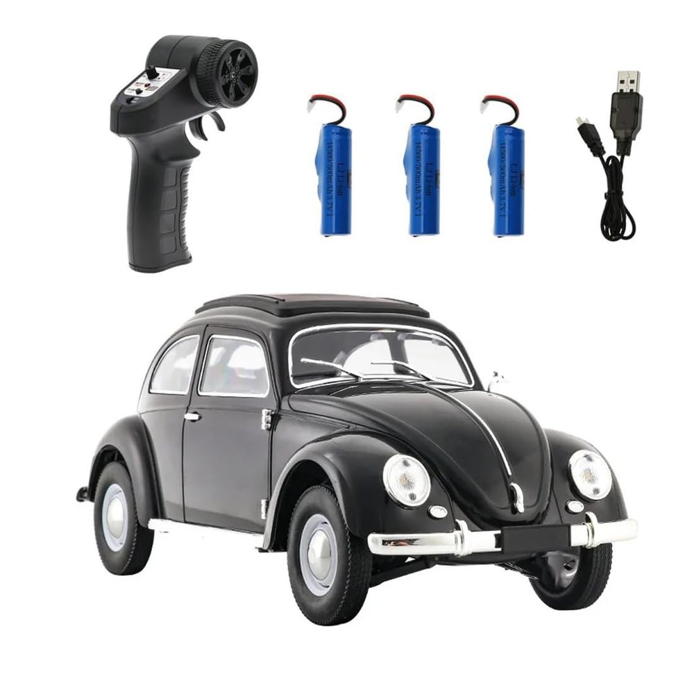 1:16 Retro RC Car D62MINI, Classic Beetle-Style Remote Control Vehicle with LED Lights, Smooth Driving & 30 Min Playtime for Adult Hobbyists Black-3 Batteries