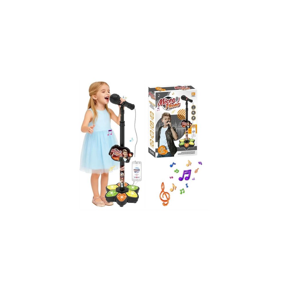 tkerinse Star Microphone with Adjustable Stand, Kids Karaoke Machine with Colorful Lights, Upgraded Karaoke Machine Toy Standing Singing Machines Gifts for Boys Girls (Black)