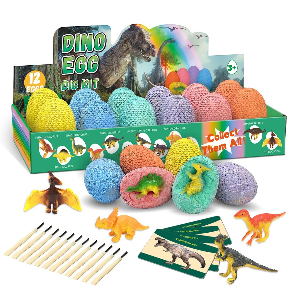 12 Pack Easter Dino Egg Dig Kit for Kids - Dinosaur Egg Excavation Toy with 12 Unique Dinosaurs Eggs Tools & Learning Cards STEM Archaeology Science Dig Set for Boys Girls Easter Party Favors 3-12