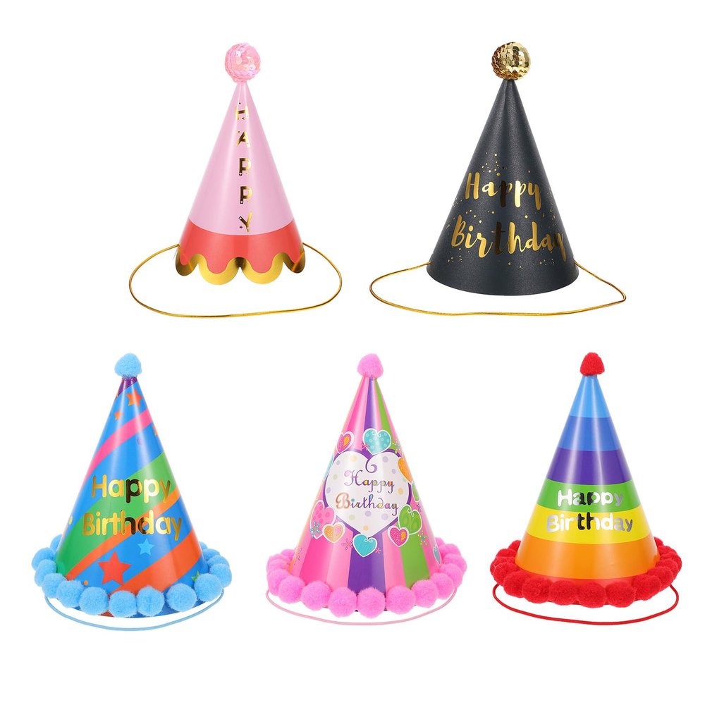 Beaupretty 5Pcs Birthday Party Hats Cone Caps for and Adults Rainbow Pom Pom Design Versatile Birthday Headdress Party Photo Props Random Style