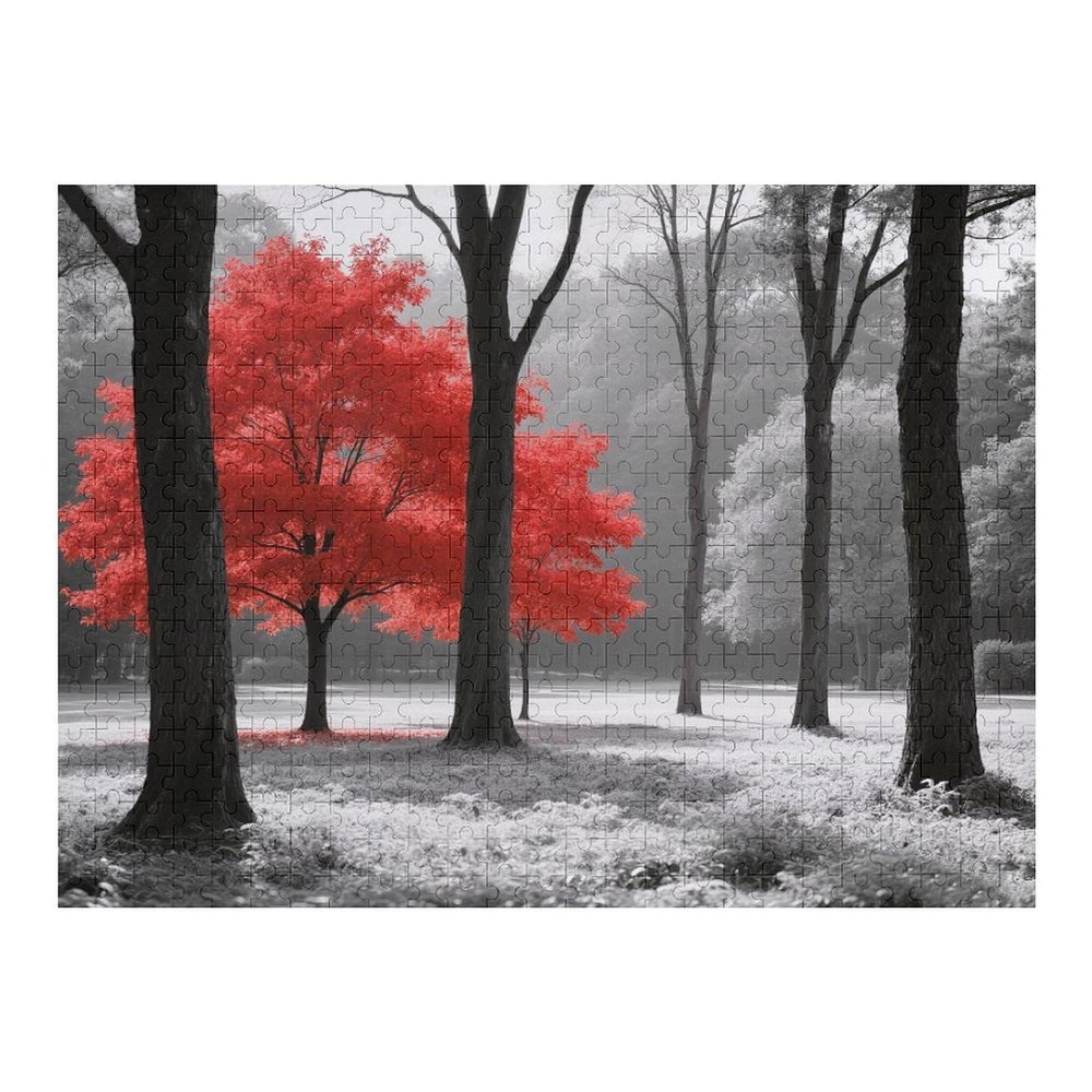 Red Accent Forest 1000 Piece Wooden Puzzle, Monochrome Woodland Scene, Jigsaw Puzzles for Stress Relief, Wall Art, or Leisure
