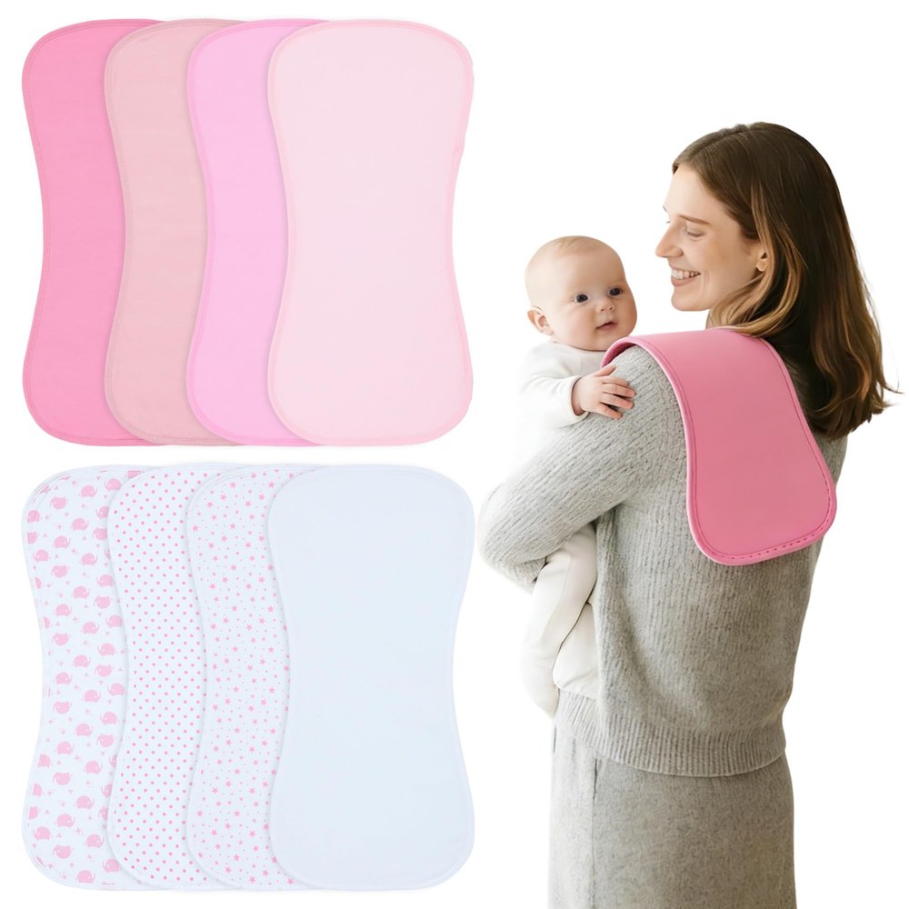 Benoxine Baby Burp Cloths 8-Pack, Waterproof Burping Cloths, 4-Layer Super Absorbent & Extra Soft Plush Spit Up Rags for Newborns and Infants, Infant Towels for Milk Spit Up, Baby Boy Girl Essentials