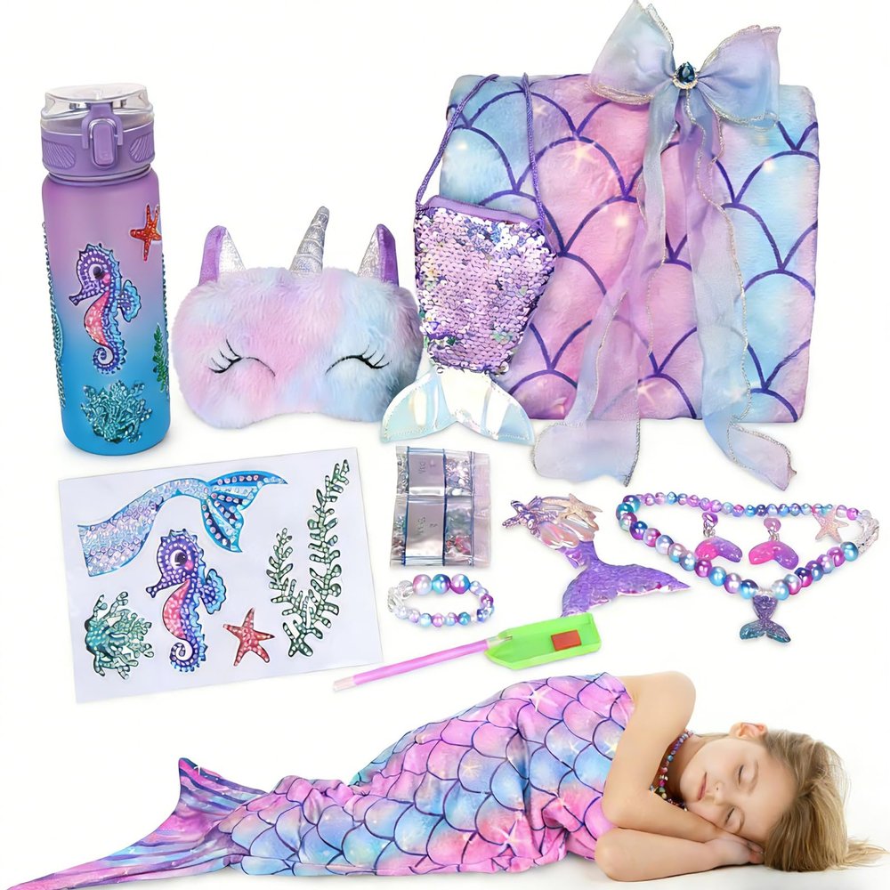 Mermaid Tail Blanket for Girls Valentine's Day Easter Gifts for Girl Birthday Diamond Art Kits with Soft Wearable Blanket Water Bottle