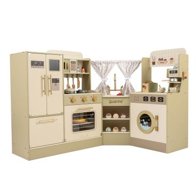 HONEY JOY Corner Play Kitchen, Wooden Pretend Toy Kitchen Set w/Bread & Coffee Maker, Microwave, Refrigerator, Sink, Oven, Little Chef Kids Kitchen Playset for Toddlers Boys Girls Gift, Green+Golden