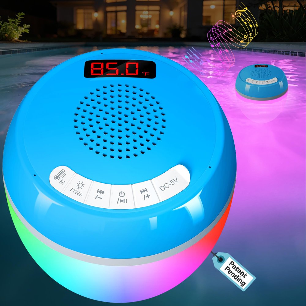 AearKing 3in1 Floating Pool Speaker with Digital Pool Thermometer,Bluetooth Pool-Speaker with Colorful Lights,TWS Hot Tub Speaker Waterproof IP68 Pools-Speaker,BT5.0 Bluetooth Speaker for Pools-Blue