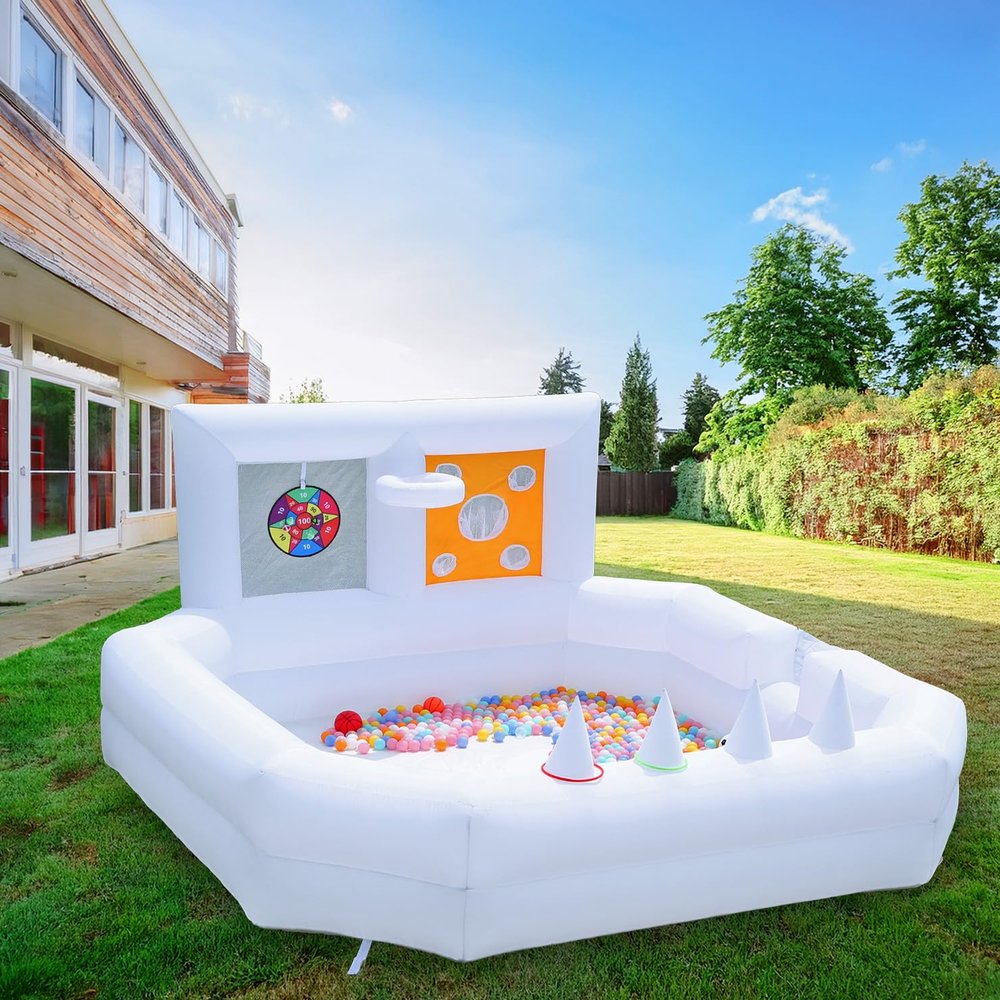 9FT Inflatable Ball Pit with Blower 4 in1 Kinds Playhouse Ages 1-6 Years Heighten Protection Shoot Dart Target Circles for Kids Gift(9ftL9ftW5ftH)