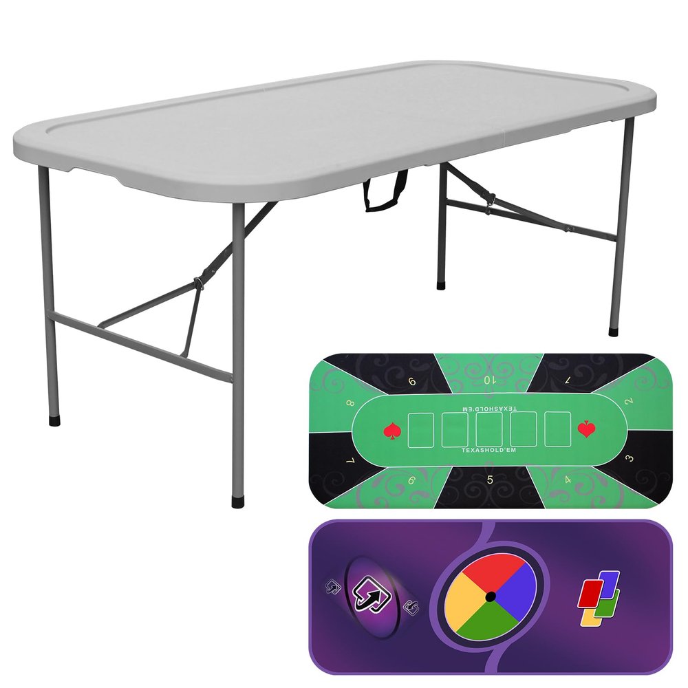 FROASISPRO Multi-Fold 6FT 8 Player Poker Table Foldable, Portable Heavy-Duty Indoor Outdoor Folding Table for Picnic Camping Party Dining Games, All-Weather Water-Resistant & Easy Storage, Grey, 2 Mat