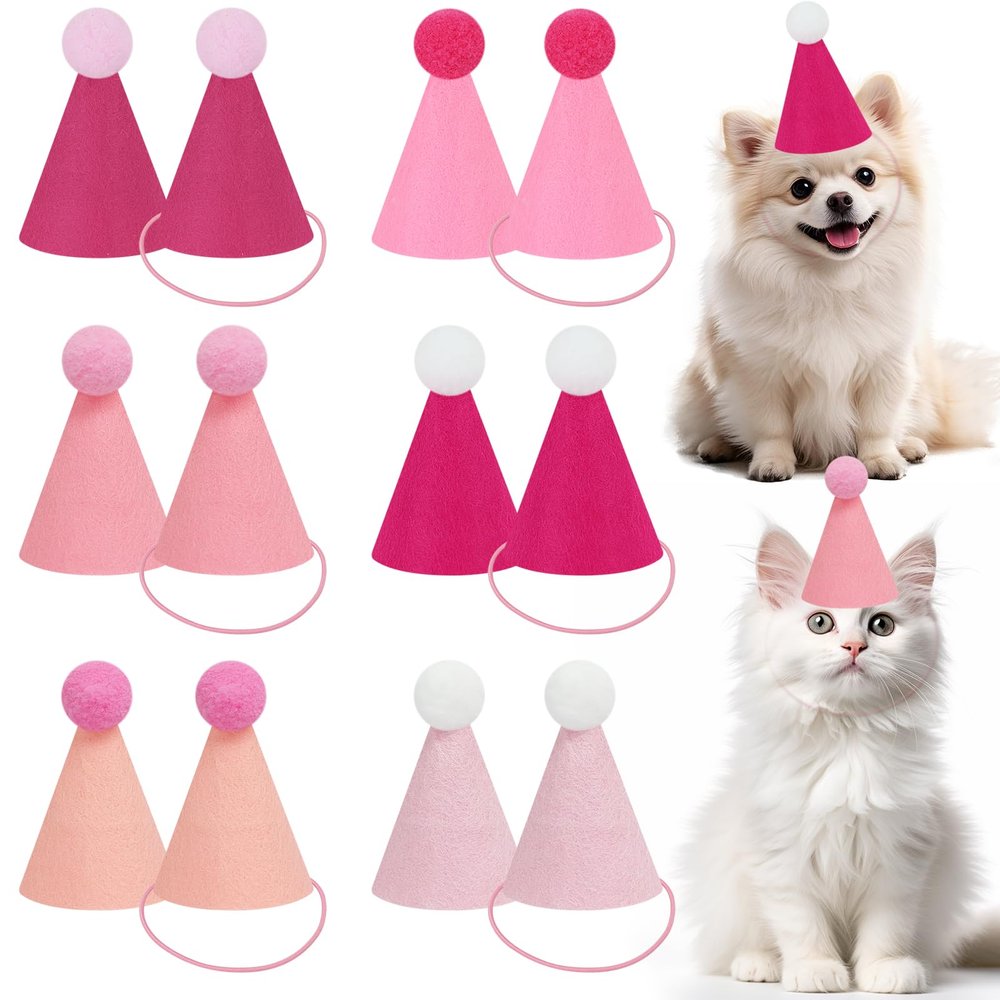 DRANSMIC 12pcs Pink Mini Party Hats for Stuffed Animals, Finished Birthday Party Cone Hats, Dolls Dog Cat Assorted Animal Birthday Decorations (No Assembled Required)