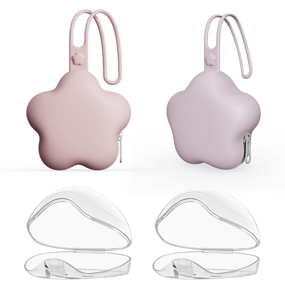 4 Pack Pacifier Holder Case,2pcs Silicone Portable Pacifier Pouch and 2pcs Transparent Nipple Holder Case Container, On-the-GO Pacifier Storage Container Box,BPA Free, Easy to CleanPink&Purple