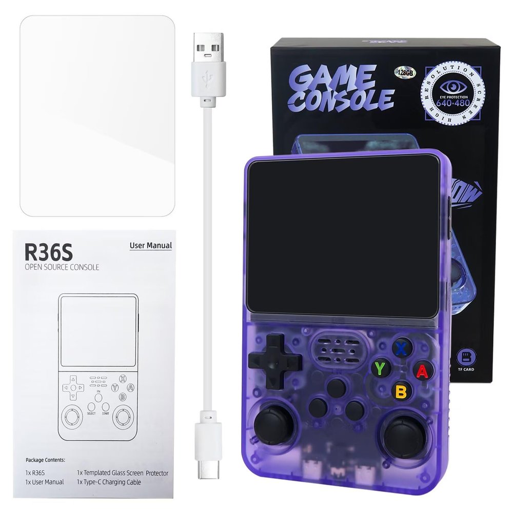Bedaily New Version R36S Retro Handheld Video Game Console Linux System 3.5 Inch IPS Screen, 128G , 15,000+ Classic Games, for Birthday Gifts Presents - Purple