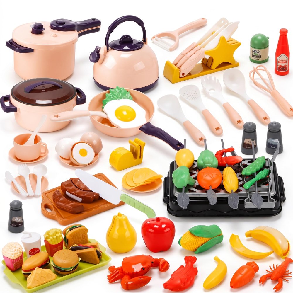 CUTE STONE 73PCS Kids Kitchen Playset with Play Kitchen Accessories, Toy Pots and Pans, Pretend Food & Play BBQ Grill, Kids Cooking Set for Toddlers, Educational Learning Gift for Girls Boys