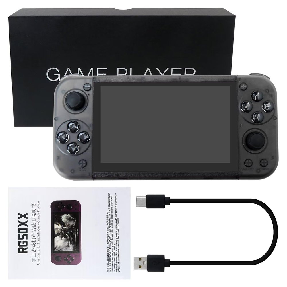 Bedaily New Version RG50XX 5 Inch Handheld Retro Game Console, 64 GB, 15000+ Games, with Date Cable, Dual 3D Joysticks and Button, Black