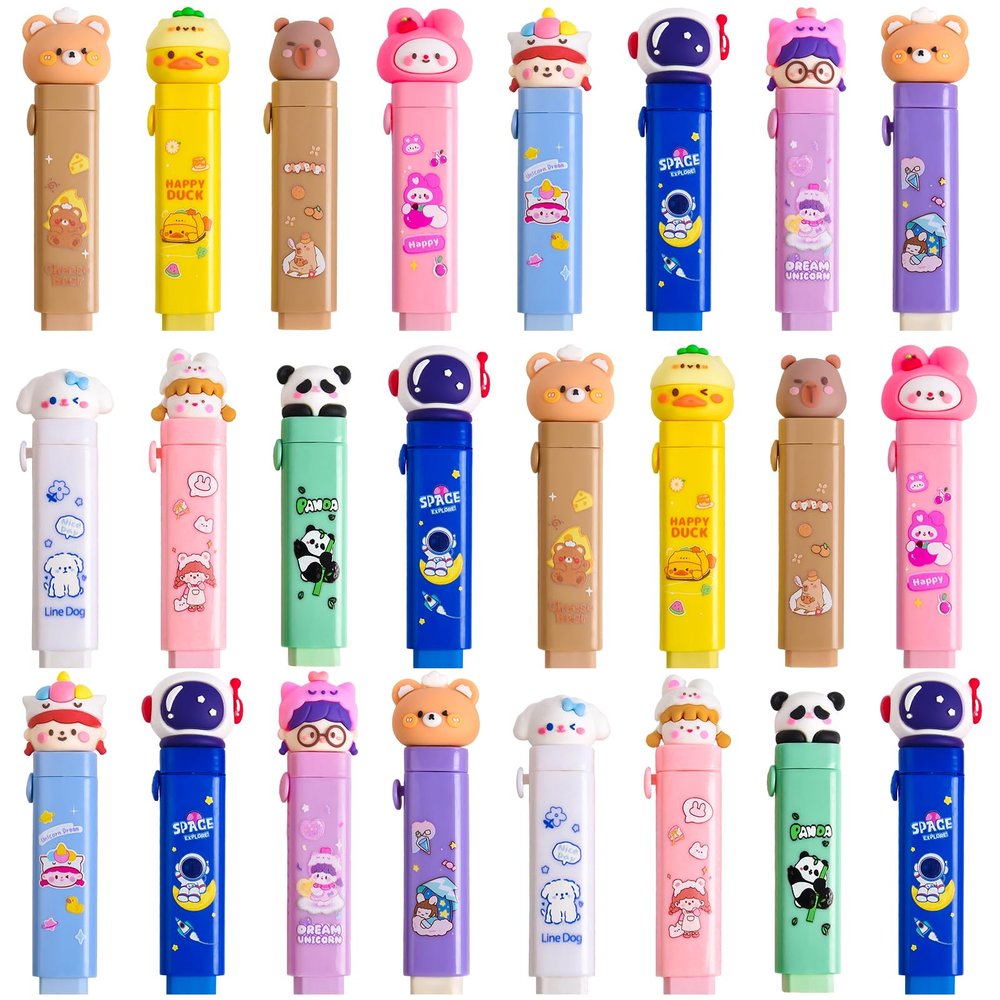 24 Pcs Cute Retractable Eraser for Pencils, Cute Kawaii School Supplies for Kids, Fun Cartoon Erasers Design for Classroom, Party Favors and Back to School Gifts