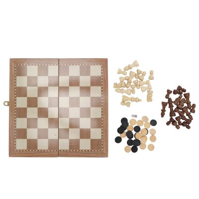 3 in 1 Chess Pieces Set, Wooden Chess Board Set for Kids and Adults, Folding Educational Checkers Game with 16 Brown and 16 Gray Chess Pieces, 30 Checkers and 2 Dice, Portable Pine