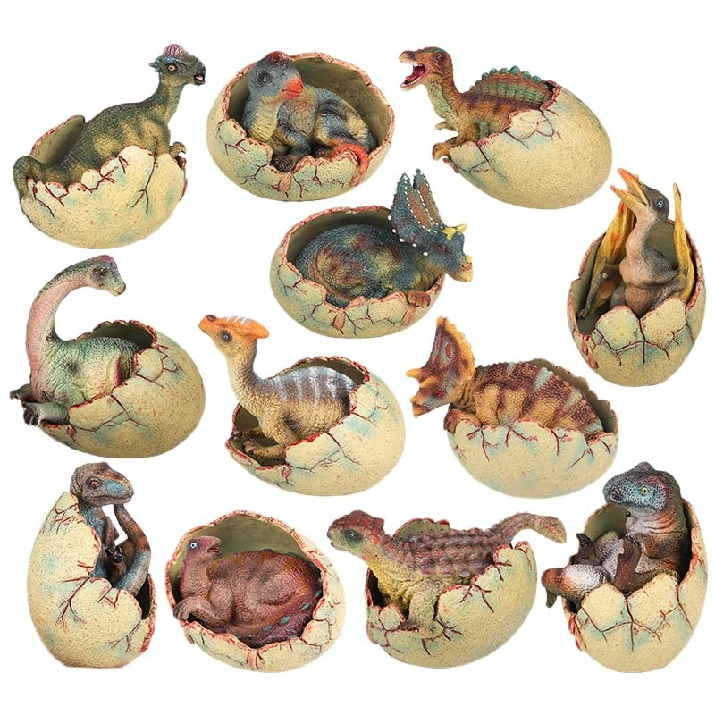 AENIMELY 12PCS Realistic Dinosaur Egg Toy - Solid Dinosaur Figure Model, Educational for Kids, Cake Topper, Party Decoration & STEM Project