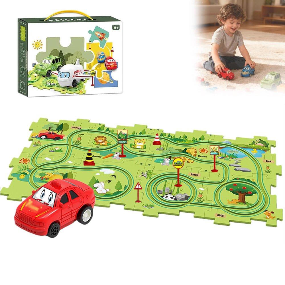 Puzzle Racer Kids Car Track Set, Puzzle Track Play Set with Vehicles, Educational Puzzle (Forest Series,15 pcs)