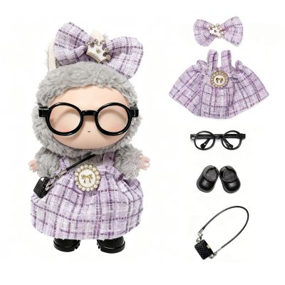17cm Doll Clothes Set with Glasses Shoes Purse Accessories, Cute Dress Up Outfits for Labubu Doll Decoration Collection (Purple Dress Set)