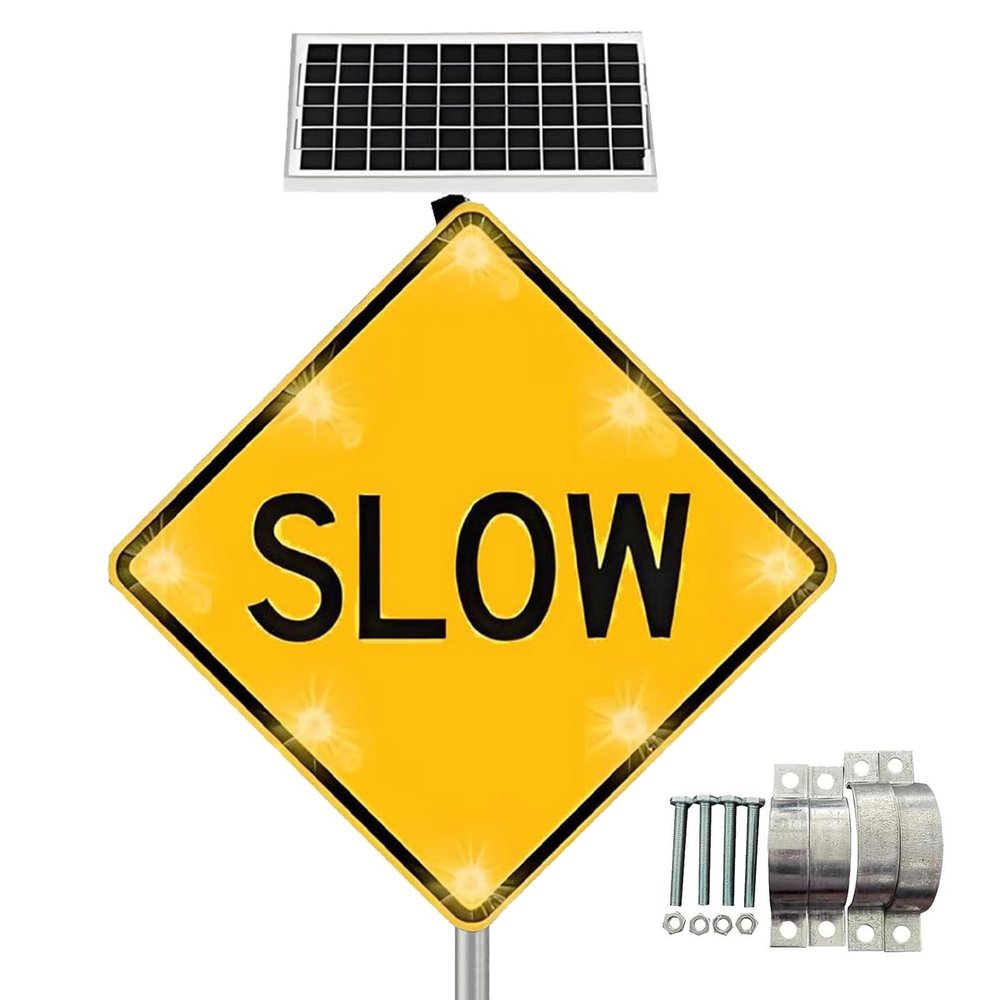 24" Solar Powered Traffic Sign, LED Flashing Pedestrian Crossing Sign for Park, School Zones, Aluminum Reflective Warning Signs C