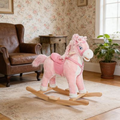 Rocking Horse, Kids Plush Animal Rocker with Realistic Neighing Sound for Toddlers 25 Years Old, Soft Filling Ride on Horse (Pink)