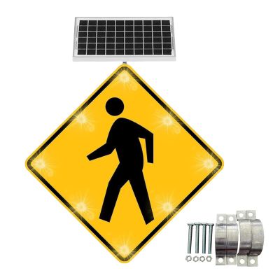 24" Solar Powered Traffic Sign, LED Flashing Pedestrian Crossing Sign for Park, School Zones, Aluminum Reflective Warning Signs A