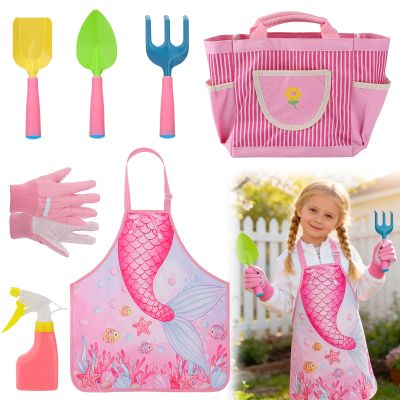 Kids Gardening Tool Set - Garden Tools for Kids with Shovel Trowel Rake Apron Gloves Watering Can and Tote Bag, Outdoor Toys Great Gifts for 3 4 5 6 7 8+ Years Old Girls (Downward Mermaid Tail)
