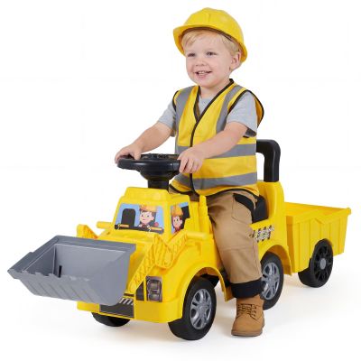 OLAKIDS 3-in-1 Ride on Bulldozer with Adjustable Bucket, Detachable Trailer, Under Seat Storage, Engine Sound, Music and Horn, Pretend Play Excavator Construction Car for Toddlers