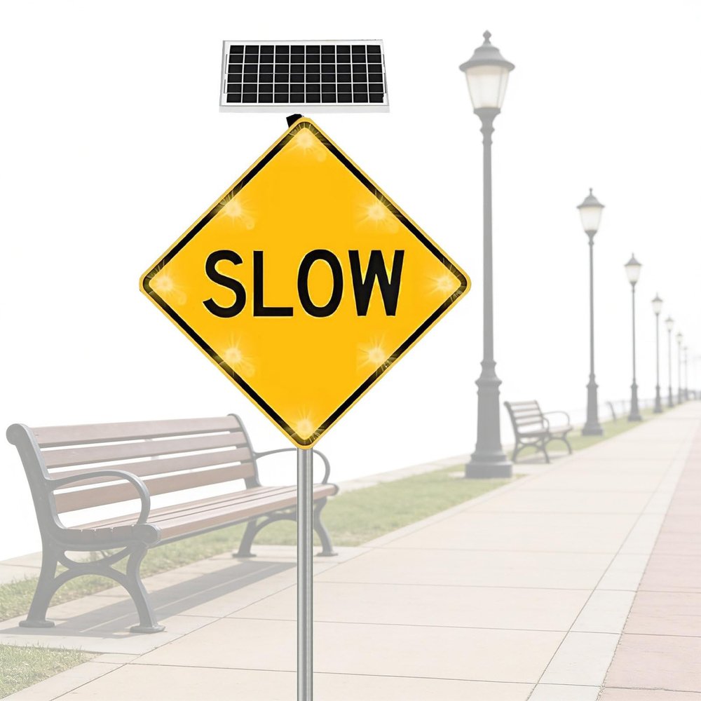 24in Solar Pedestrian Crossing Sign, Aluminum Road Traffic Blinking Street Warning Sign for Park School Urban Community C