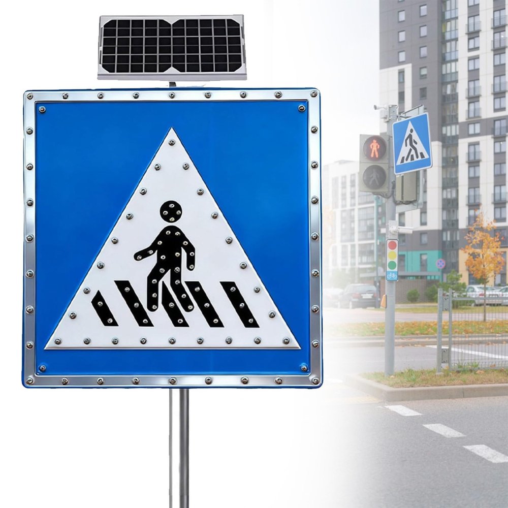 24in Solar Pedestrian Crossing Sign Flashing LED Highlight Road Traffic Blinking Street Warning Sign, for Park School Urban/Road Community B