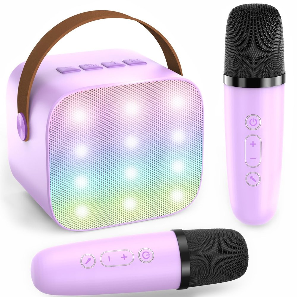 Eaever Mini Karaoke Machine for Girls 3 4 5 6 7 8 9 10 Years Old, Birthday Gift Ideas for Kids Ages 3-12, Portable Bluetooth Speaker Set with 2 Wireless Microphones fits Party Indoor&Outdoor, Purple