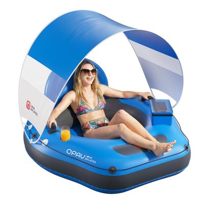 QPAU 46" Inflatable River Tube with Removable Sun Shade Canopy, Heavy-Duty Floating Tube for Adults, Ergonomic Legrest & Backrest, Waterproof Bag & Cup Holders, Ideal for Rivers, Lakes, Pools