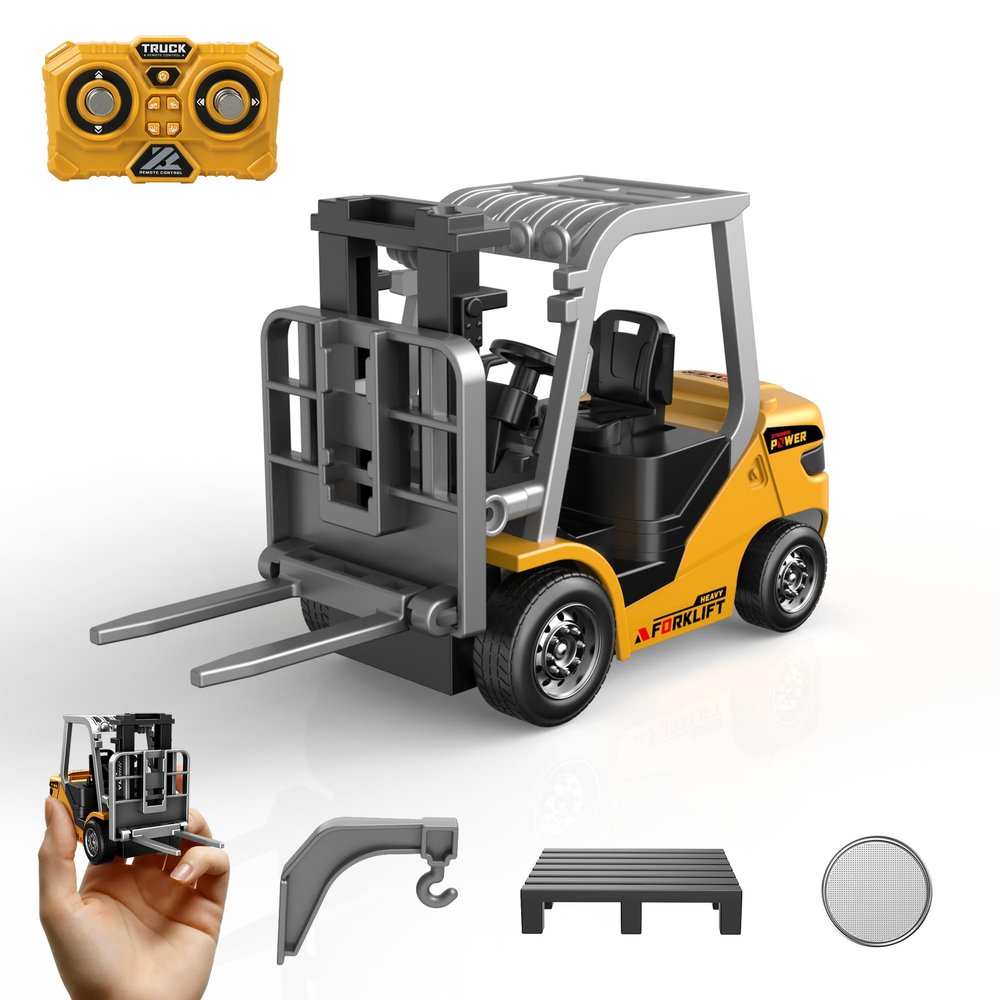 Dwi Dowellin Mini 1/64 RC Forklift Toy, Remote Control Forklift Truck, 2 in 1 Transformable Lift Fork & Hook for Adults Kids Boys and Girls(Yellow)