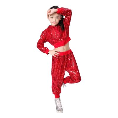 2Pcs Girls Dance Outfits Cropped Sequin Jacket Pants Set, Kids Hip Hop Dance Clothes for 80s 90s Party(Red, 9-10 Years)