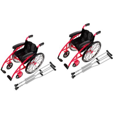 Kisangel 2 Sets Doll Wheelchair and Crutchs Ornaments, Plastic Mini Wheelchair Models for Dollhouse Miniature Doll Accessories Playset, Rosy