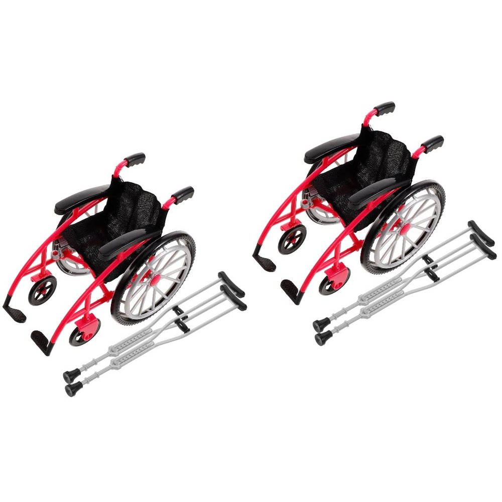 Kisangel 2 Sets Doll Wheelchair and Crutchs Ornaments, Plastic Mini Wheelchair Models for Dollhouse Miniature Doll Accessories Playset, Rosy